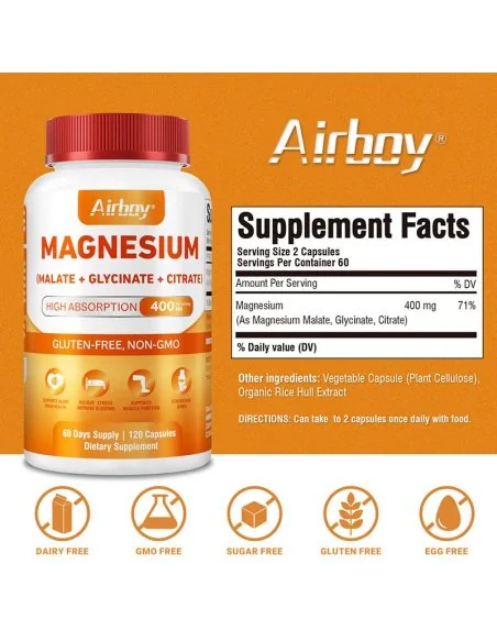 Magnesio Airboy 400 mg 120 caps – Malato, Glicinato y Citrato
