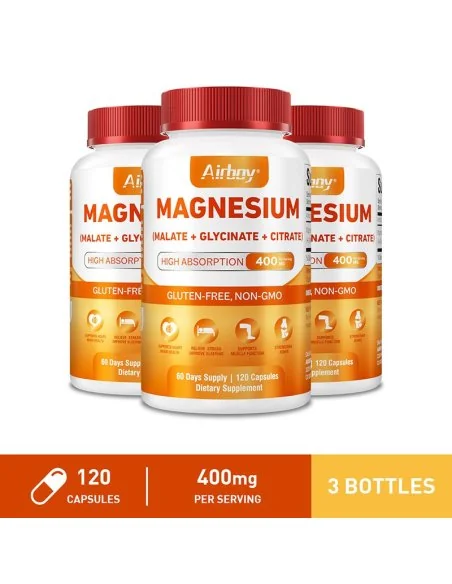 Magnesio Airboy 400 mg 120 caps – Malato, Glicinato y Citrato